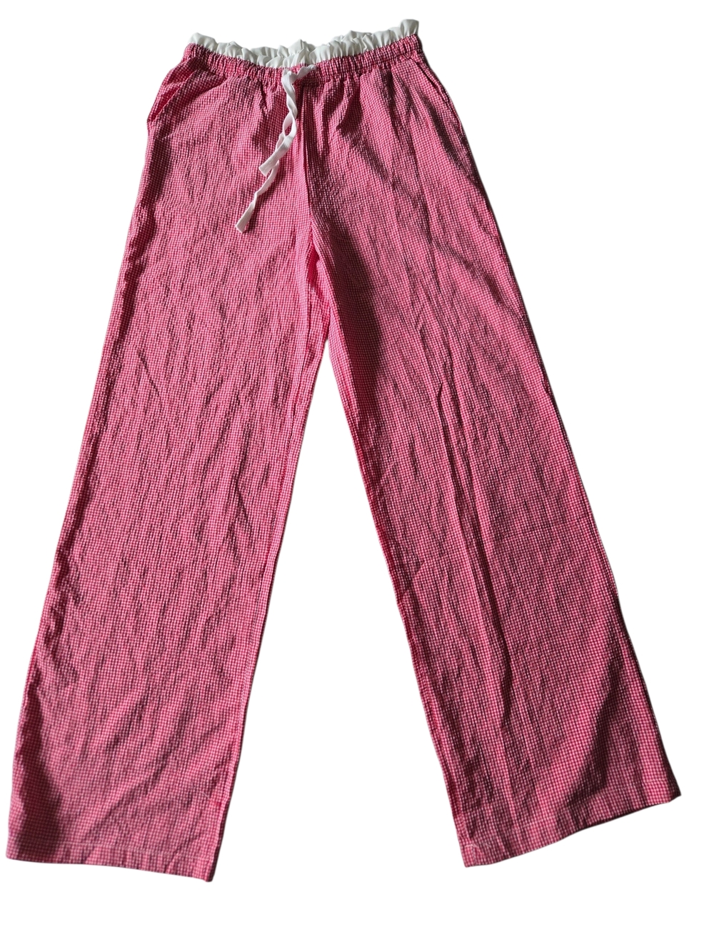 Love Poem Red Gingham Seersucker Pants M Ruffle Waist Wide Leg NWT